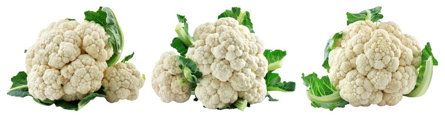 PNG Fresh cauliflower with green leaves, element set on transparent background