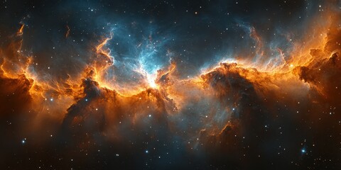 Fototapeta premium Colorful cosmic nebula exhibiting brilliant hues of orange and blue in deep space