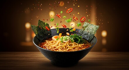 Spicy Ramen Noodles Exploding with Flavor in a Dark, Moody Setting