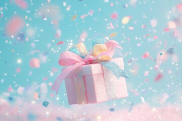 Fototapeta premium Floating pink gift box in glitter confetti storm