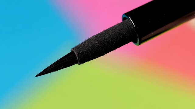Black eyeliner pen with a fine tip on a vibrant, colorful gradient background