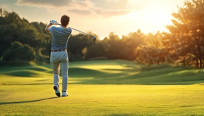 Golfer swings club at sunset on green course