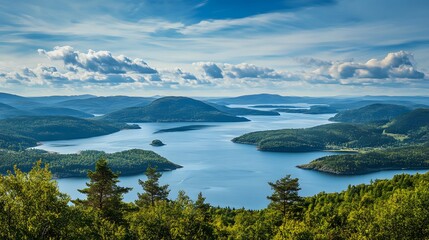 Obraz premium Panoramic view of the serene fjord landscape with scattered islands and mountain ridges in Nordland
