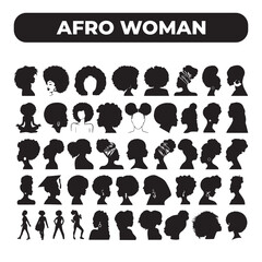 Afro Woman Girl Black Woman Hair Queen set pack isolated icon silhouette vector art illustration on white background