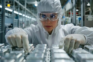Female engineer inspecting battery cells on an assembly line in high-tech factory