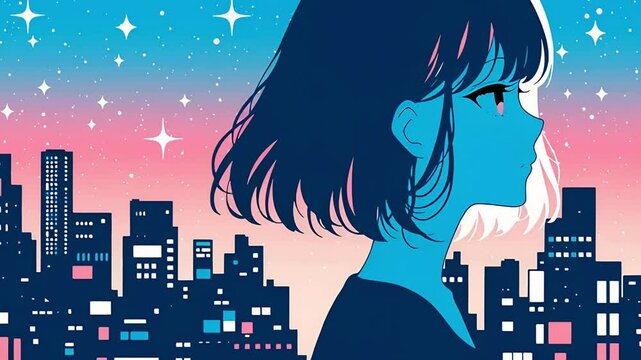 アニメ風の女の子の横顔と街並み