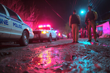 Police officers respond to a crime scene with flashing lights and barricades under night sky