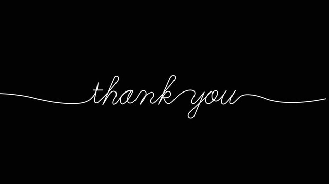 thank you animated continuous single one line art drawn animation phrase on white black background. hand drawing of word text thanks