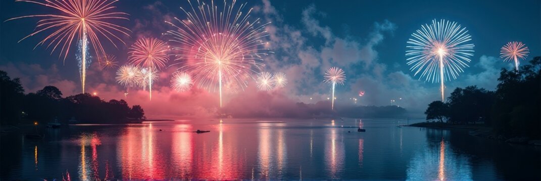Vibrant fireworks display over calm lake reflected in water at night