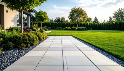 Fototapeta premium Modern landscaped garden with a stone pathway leading to a sunny, serene outdoor space