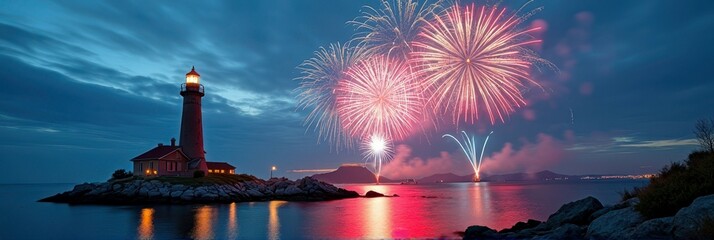 Colorful fireworks display over lighthouse by ocean at dusk
