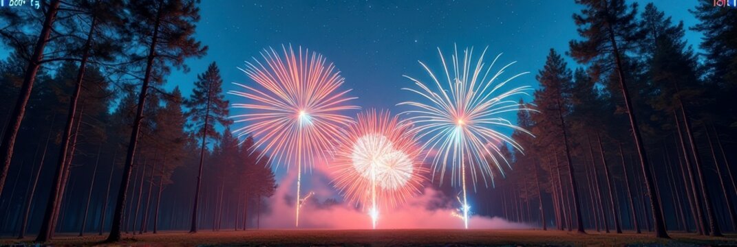 Colorful fireworks burst over forest at night