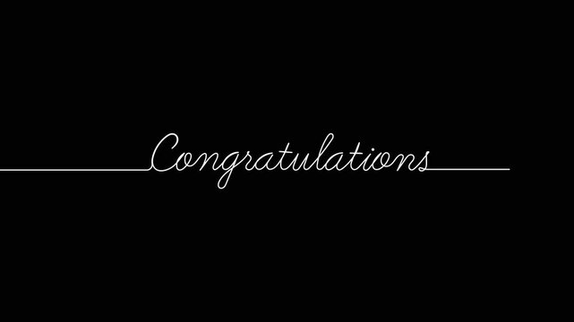 congratulations animated continuous single one line art drawn animation phrase on white black background. hand drawing of word text congrats, congratulation