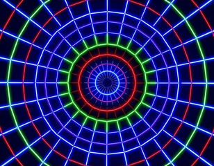 Neon Grid Tunnel Abstract Background.
