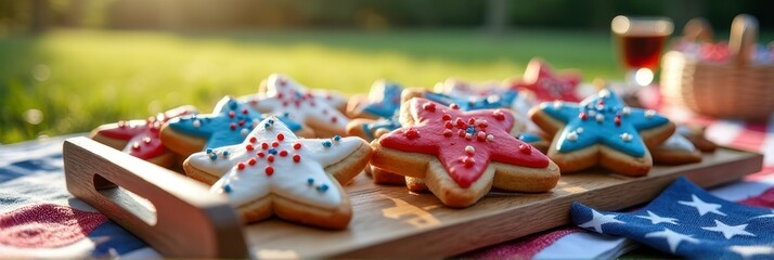 Obraz premium Festive fourth of july star-shaped cookies with red, white, and blue decorations outdoors