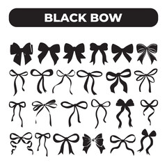 Black Ribbon Coquette Tie Bow set pack isolated icon silhouette vector art illustration on white background