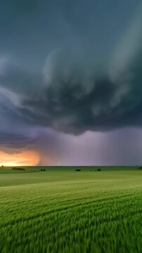 Violent storm clouds over a grass field, lightning strikes close up