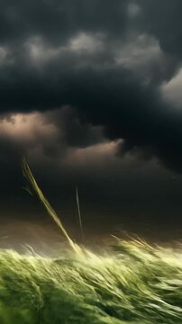 Violent storm clouds over a grass field, lightning strikes close up