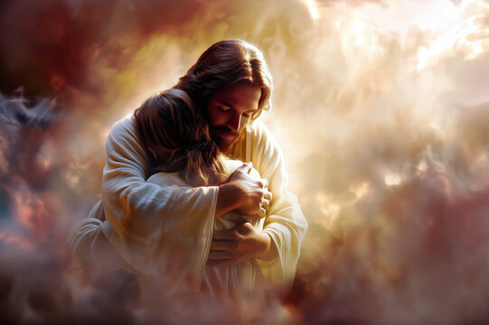 Jesus Christ Hugging Woman in Clouds Illustration