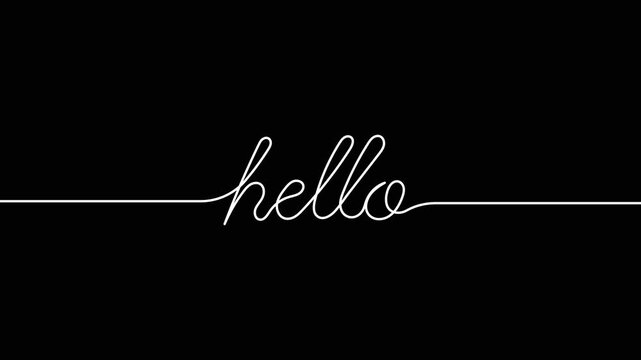 hello animated continuous single one line art drawn animation phrase on white black background. hand drawing of word text hello
