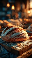 Freshly baked artisan bread cooling on a wooden board in a warm bakery during the early morning hours