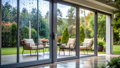 Modern living room with glass doors revealing a serene garden view and cozy seating area
