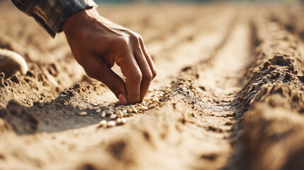 Close-up of a hand planting grain seeds into freshly prepared furrows in the soil, earthy tones, soft daylight, early planting season, farming activity