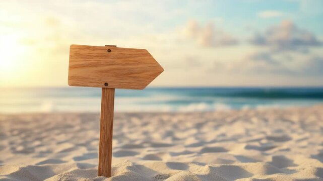 Wooden arrow sign on sandy beach with ocean waves and sky during warm sunset light, peaceful nature scene capturing calm atmosphere and beautiful wave patterns in sand near ocean shore