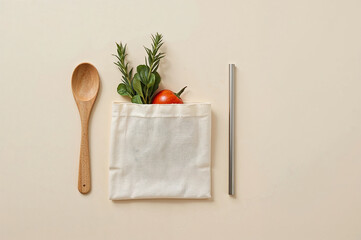Zero Waste Kitchen Essentials with Vegetables on Beige Surface