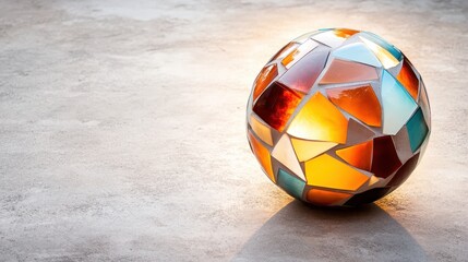 An enchanting mosaic sphere composed of colorful glass pieces capture the light beautifully, creating a radiant and artistic decoration perfect for modern aesthetics and style.