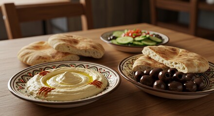 Mediterranean Mezze Platter: Hummus, Pita, Olives, and Cucumber Salad