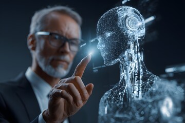 Senior Man Interacting with Holographic AI.