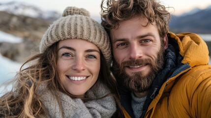 A joyful couple poses in winter attire against a scenic mountain backdrop, capturing a moment of happiness and togetherness in nature's beauty under a clear sky.