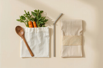 Zero Waste Kitchen Essentials with Vegetables on Beige Surface