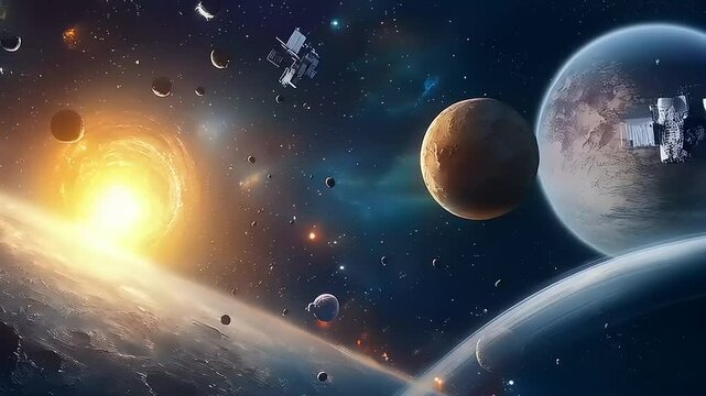 Cosmic Cataclysm: A Celestial Vortex Engulfs Planets and Satellites in a Fiery Embrace