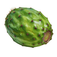 A single ripe green prickly pear cactus fruit with small brown spines and a cut stem isolated on a black background