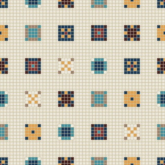 Vibrant pixel art mosaic seamless pattern, geometric design. Traditional tilework through decorative square elements, vector background