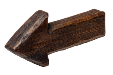 Rustic dark brown wooden arrow pointing left isolated on transparent background