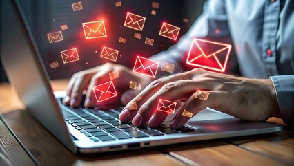 Person typing on a laptop with glowing email icons floating above the keyboard