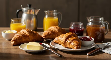 Golden Hour Breakfast: Croissants, Jam, and Orange Juice Delight