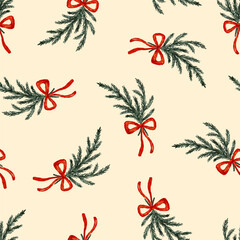 Christmas tree branches with red bows seamless pattern vector for new year winter holiday.