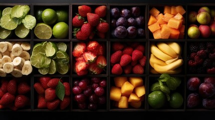 A beautifully arranged assortment of fresh fruits in organized boxes showcases a variety of colors and textures, representing health, vitality, and seasonal abundance.