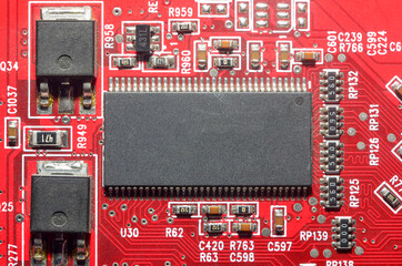 Printed circuit board with electronic components close up for science and technology project,...