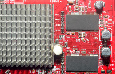 Printed circuit board with electronic components close up for science and technology project,...