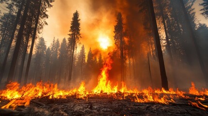 A fierce wildfire rages through a forest, showcasing dramatic flames and smoke, representing the power of nature and the threat of environmental destruction.