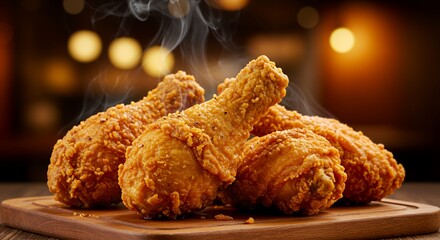 Golden-Brown, Crispy Fried Chicken Drumsticks Steam on Rustic Wood