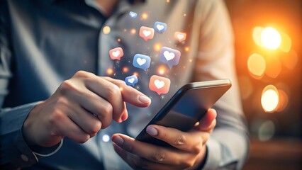 A man interacts with social media likes on his phone