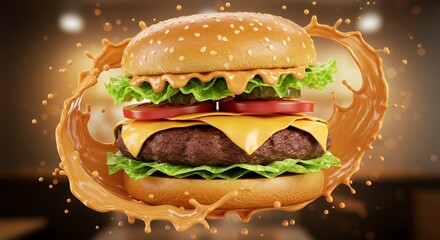 Juicy Cheeseburger Soaring Through a Delicious Sauce Splash