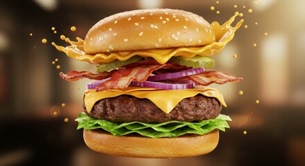 Juicy Bacon Cheeseburger in Mid-Air Splash of Melted Cheese