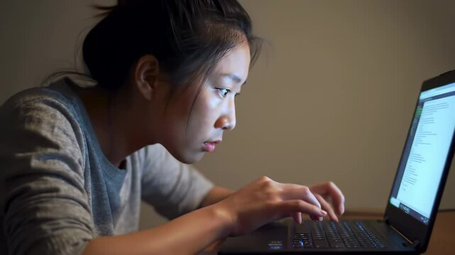 Asian woman working on a laptop at home during the evening, focused and illuminated by warm indoor light